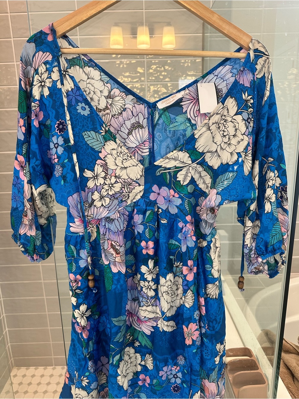Johnny Was Royal Blue Floral Midi Dress with Pink & White Accents